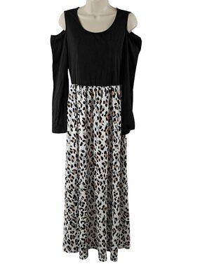 Styleword Cold-Shoulder Long Sleeves Black and Leopard Print Maxi Dress